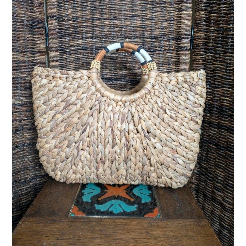 A New Day Woven Tote Bag Beaded Handles Natural Beach Bohemian Purse Vacation